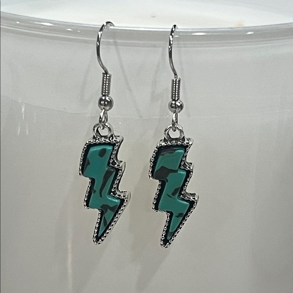 Handmade Jewelry - Turquoise Clay Lightning Bolt Silver Dangle Earrings | Boho Western Jewelry